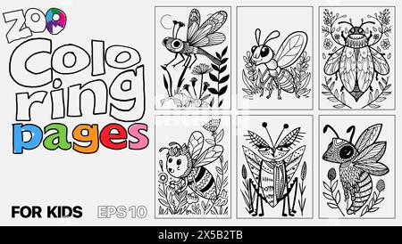 A set of six insect coloring pages for kids. The pages feature different types of insects, including bees, dragonflies, butterflies, and ladybugs. The pages are designed to be fun and engaging for children. Stock Vector
