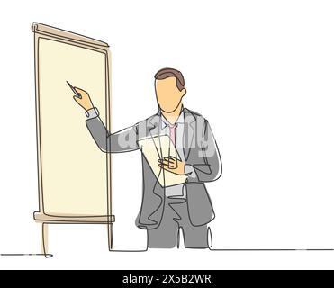One continuous line drawing of businessman presenter drawing graph chart on screen board while on meeting. Business presentation at the office concept Stock Vector