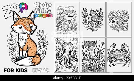 A set of six cat coloring pages for kids. The pages feature different types of sea animals and are designed for children to color. Kindle. POD. Stock Vector