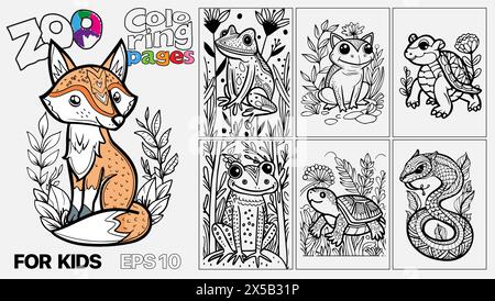 A set of six cat coloring pages for kids. The pages feature different types of reptiles and are designed for children to color. Kindle. POD. Stock Vector
