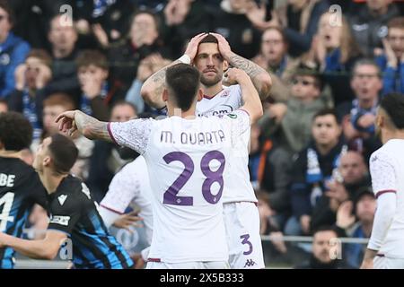 Brugge, Belgium. 08th May, 2024. Fiorentina's Cristiano Biraghi reacts during a soccer game between Belgian Club Brugge KV and Italian ACF Fiorentina, on Wednesday 08 May 2024, the return leg of the semi-final of the UEFA Conference League competition. BELGA PHOTO BRUNO FAHY Credit: Belga News Agency/Alamy Live News Stock Photo