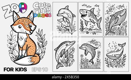 A set of six insect coloring pages for kids. The pages feature different types of insects, including bees, dragonflies, butterflies, and ladybugs. The pages are designed to be fun and engaging for children. Stock Vector