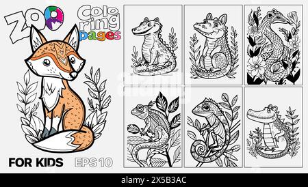 A set of six cat coloring pages for kids. The pages feature different types of reptiles and are designed for children to color. Kindle. POD. Stock Vector