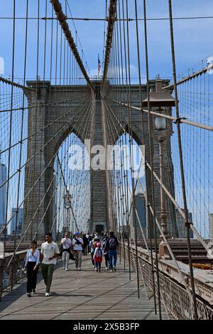 View of Manhattan from Brooklyn Bridge, New York City, USA Stock Photo