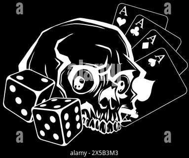 white silhouette of skull Gambling elements concept with royal flush poker on black background Stock Vector