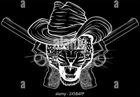 white silhouette of leopard head with guns on black background mascot design Stock Vector