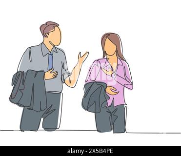 Single continuous line drawing of two young happy male and female workers get conversation together after office hour. Work small talk. Trendy concept Stock Vector