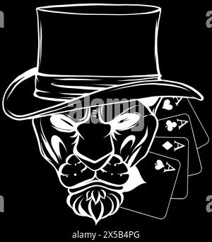 white silhouette of Portrait of lion in bowler hat and poker aces on black background. vector illustration design. digital hand draw Stock Vector