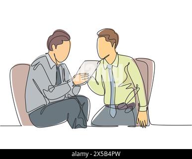 One continuous line drawing of young marketing manager presenting new strategy to growing product sales to company CEO. Business meeting concept singl Stock Vector