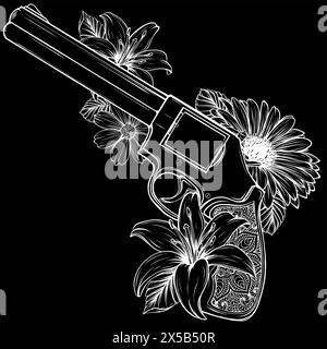 white silhouette of Revolver and flowers vector illustration on black background Stock Vector