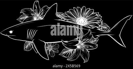 white silhouette of shark outline with flowers and leaves on black background Stock Vector