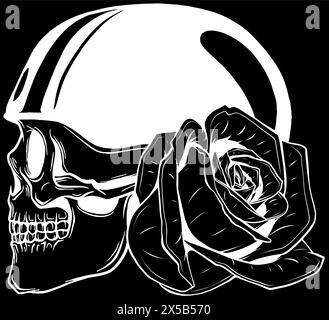 white silhouette of Skull Head Helmet Roses illustration Design Vector Stock Vector