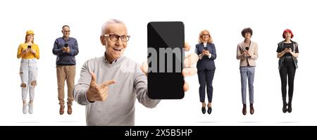 Elderly man pointing at a smartphone screen and people using smartphones isolated on white background Stock Photo