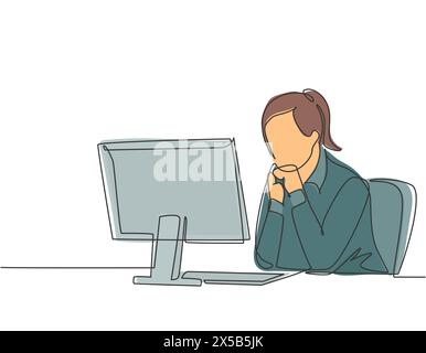 Single continuous line drawing of young female manager sitting calmly in front of laptop and thinking business strategy at the office. Business idea c Stock Vector