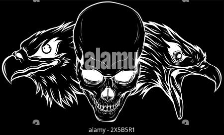 white silhouette of skull with eagle head on black background vector illustration design Stock Vector