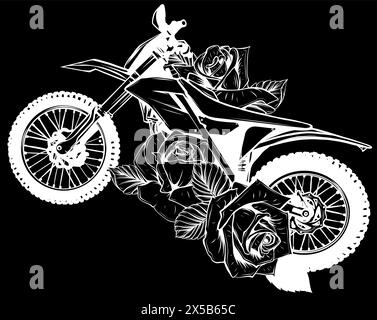 white silhouette of Motocross with roses an leaves on black background Stock Vector