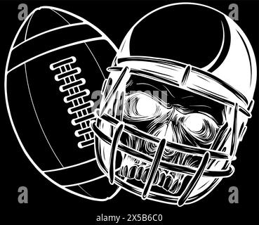 white silhouette of helmet football skull with ball vector design on black background Stock Vector