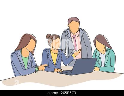 One single line drawing of young happy female CEO presenting new technology innovation to the members at the office. Startup work life. Concept contin Stock Vector