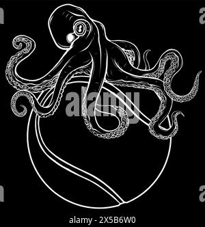 white silhouette of Octopus on tennis ball vector illustration on black background Stock Vector