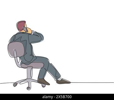 Single continuous line drawing of young businessman sitting on work chair while receive a call from his partner from back view. Business talk concept. Stock Vector