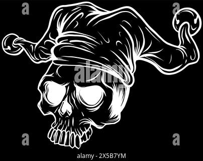 white silhouette of skull with joker hat on black background Stock Vector
