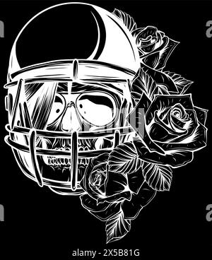 white silhouette of Skull In Football Helmet with roses vector illustration on black background Stock Vector