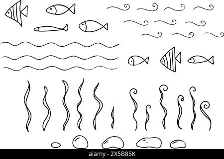 Set of Underwater elements. Different Fishes, Seaweeds and Stones, laminaria algae and Sea Waves isolated on background. Vector hand drawn Stock Vector