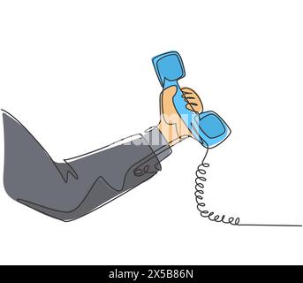 One single line drawing of gesture hand holding old classic analog phone handling at the office. Vintage retro telephone communication concept. Contin Stock Vector