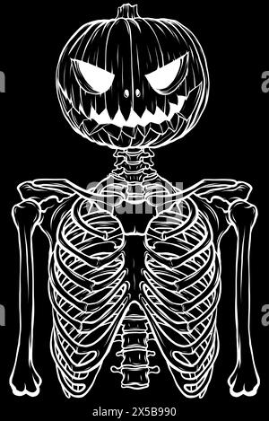 white silhouette of head pumpkin on human skeleton. vector illustration on black background Stock Vector