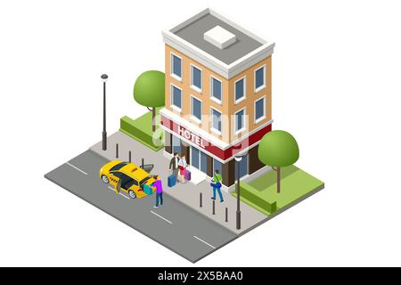 Isometric public hotel building exterior. Online booking service. Hotel entrance and taxi car. Accommodation rent, travel planning. Room reservation. Stock Vector