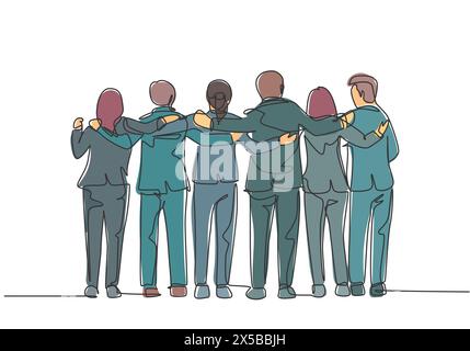 One single line drawing about group of men and woman from multi ethnic standing together to show their friendship bonding. Unity in diversity concept Stock Vector