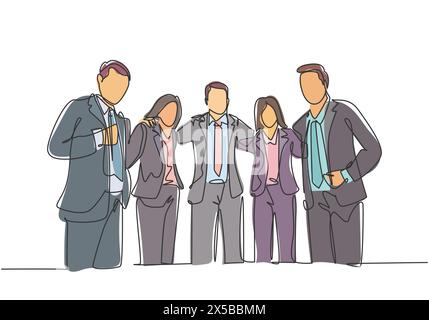 One continuous line drawing of young male and female business people from multi ethnic standing together and posing elegantly. Unity in diversity conc Stock Vector