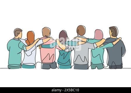 Single continuous line drawing about group of men and woman from multi ethnic standing together to show their friendship bonding. Unity in diversity c Stock Vector