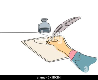 Single continuous line drawing of hand writing gesture with ink and quill pen on whiteboard. Retro handwriting concept. Trendy one line draw graphic d Stock Vector