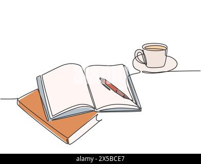 Single continuous line drawing of hand gesture writing on an open book beside a cup of coffee at work desk. Writing draft business concept. Modern one Stock Vector