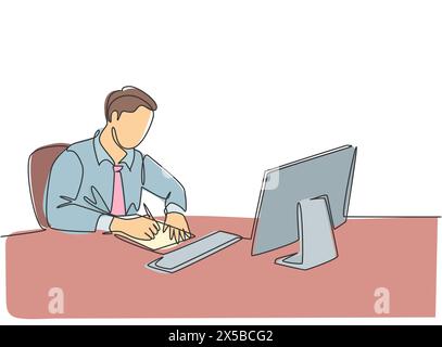 One continuous line drawing of young pensive businessman writing on a sheet of paper and staring at monitor screen at work desk. Business letter conce Stock Vector