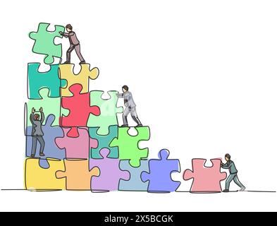 One single line drawing of two young businessman push and arrange puzzle pieces to build a strong building. Trendy business teamwork concept continuou Stock Vector