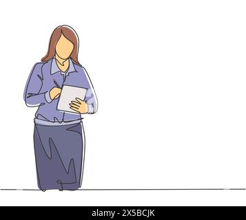 One single line drawing of young pensive female manager standing and thinking business strategy to company. Sales marketing strategy concept. Continuo Stock Vector