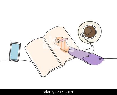 Single continuous line drawing of hand gesture writing on an open book beside a cup of coffee and smartphone. Writing draft business concept. Modern o Stock Vector