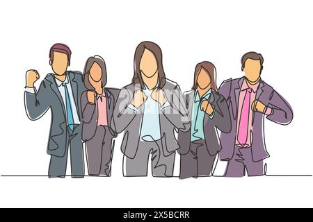 One continuous line drawing group of businessman and businesswoman line up celebrates their successful project while fist hands. Business teamwork con Stock Vector