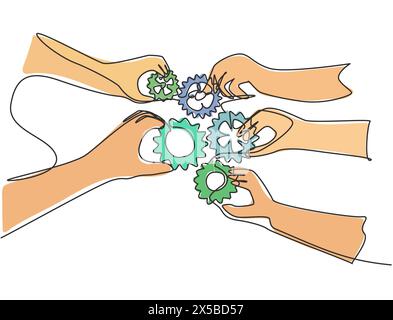 Single continuous line drawing of hand gesture business team members unite piece of gears to one as teamwork symbol. Unity working together concept on Stock Vector