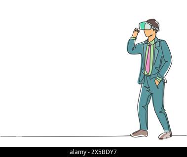 One continuous line drawing of young happy businessman ready to play virtual reality game simulation. Modern futuristic video game concept single line Stock Vector