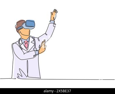 One continuous line drawing of young manager pointing finger at top hill while playing virtual reality simulation. Modern futuristic video game concep Stock Vector