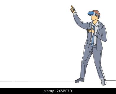 One continuous line drawing of young happy businessman simulates to press button on virtual reality goggles. Modern augmented reality video game conce Stock Vector