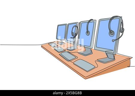 One continuous line drawing of set of customer service equipment, computer, headphone, monitor, keyboard and mouse. Call center service excellent conc Stock Vector