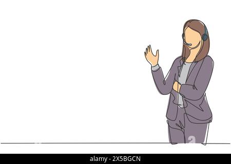 Single continuous line drawing of young happy female motivator poses neatly in front of camera after presentation at the office. Public trainer concep Stock Vector
