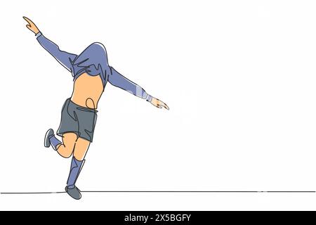 Single continuous line drawing of young sporty soccer player cover his head with the jersey and running around the field. Match soccer goal celebratio Stock Vector