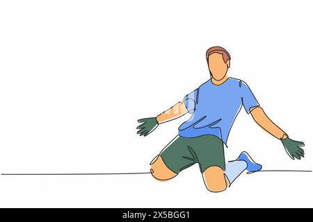 One continuous line drawing of young sporty soccer player spreading his arms and sliding over the field. Match goal scoring celebration concept single Stock Vector