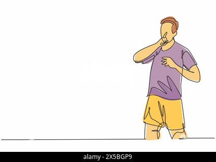 Single continuous line drawing of young sporty soccer player makes quiet gesture with his finger to the rival supporters. Match soccer goal celebratio Stock Vector