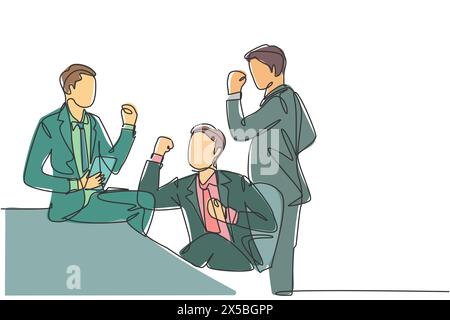 Single continuous line drawing of young happy businessmen celebrating their success in getting investment together. Business teamwork celebration conc Stock Vector